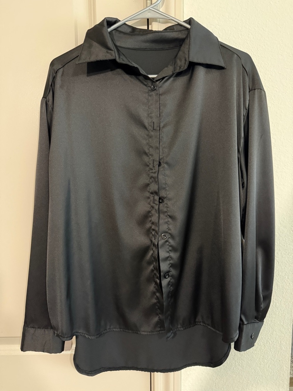 Women's Black Satin Button-Front Blouse